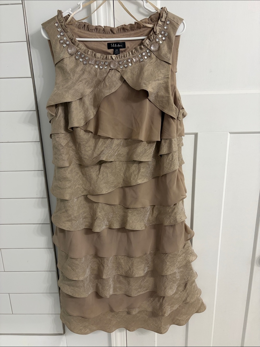 S.L. Fashions Taupe Tiered Ruffle Embellished Cocktail Dress - Size 16W